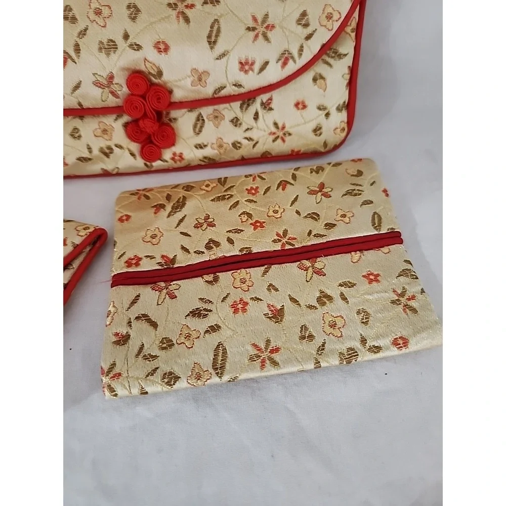 Floral Brocade 3pc Set Clutch Tissue Holder Coin Purse Cream Red Gold Trim